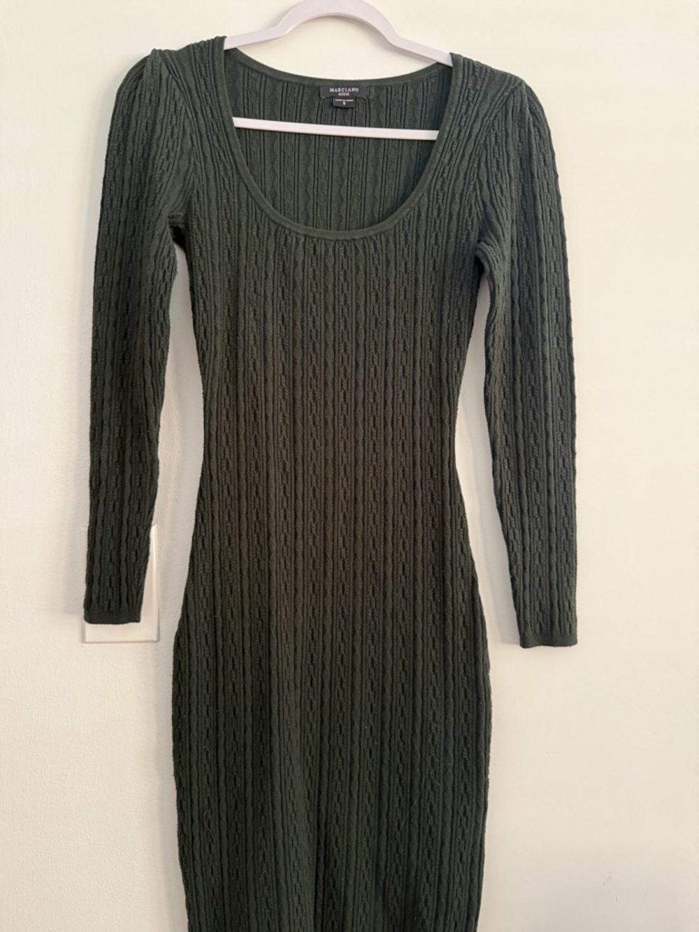 Marciano Dark Olive Cable-Knit Scoop Neck Long Sleeve Dress